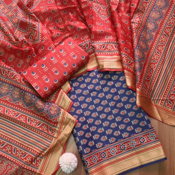 Nandani Denim Blue Buti Printed in Mangalgiri Hem Work Cotton Suit Set