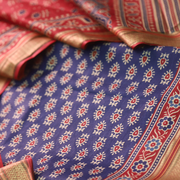 Nandani Denim Blue Buti Printed in Mangalgiri Hem Work Cotton Suit Set