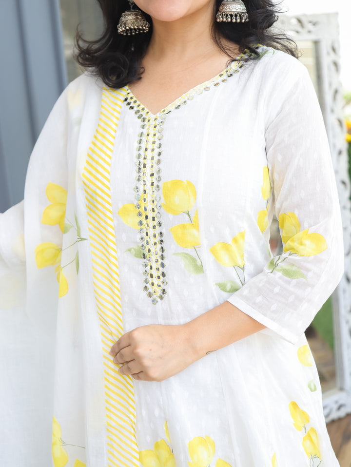 Bella White with Yellow Floral Mul Cotton 3 Piece Set