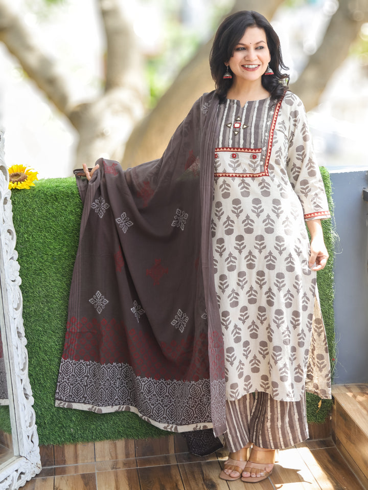 Rushali Latte Beige Dabu Printed 3 Piece Set