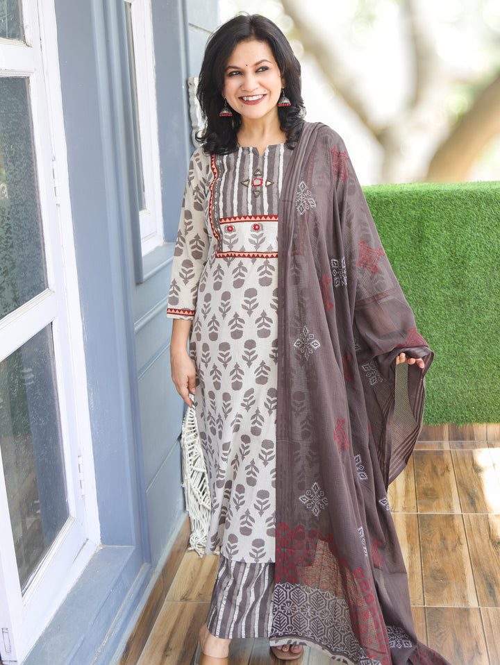 Rushali Latte Beige Dabu Printed 3 Piece Set
