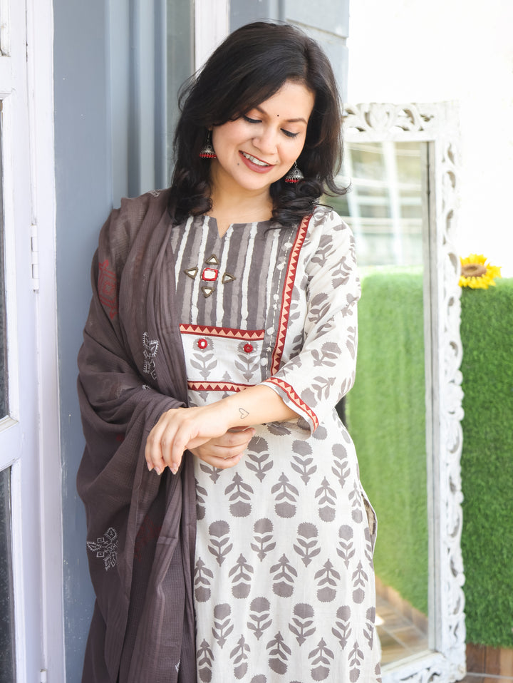 Rushali Latte Beige Dabu Printed 3 Piece Set