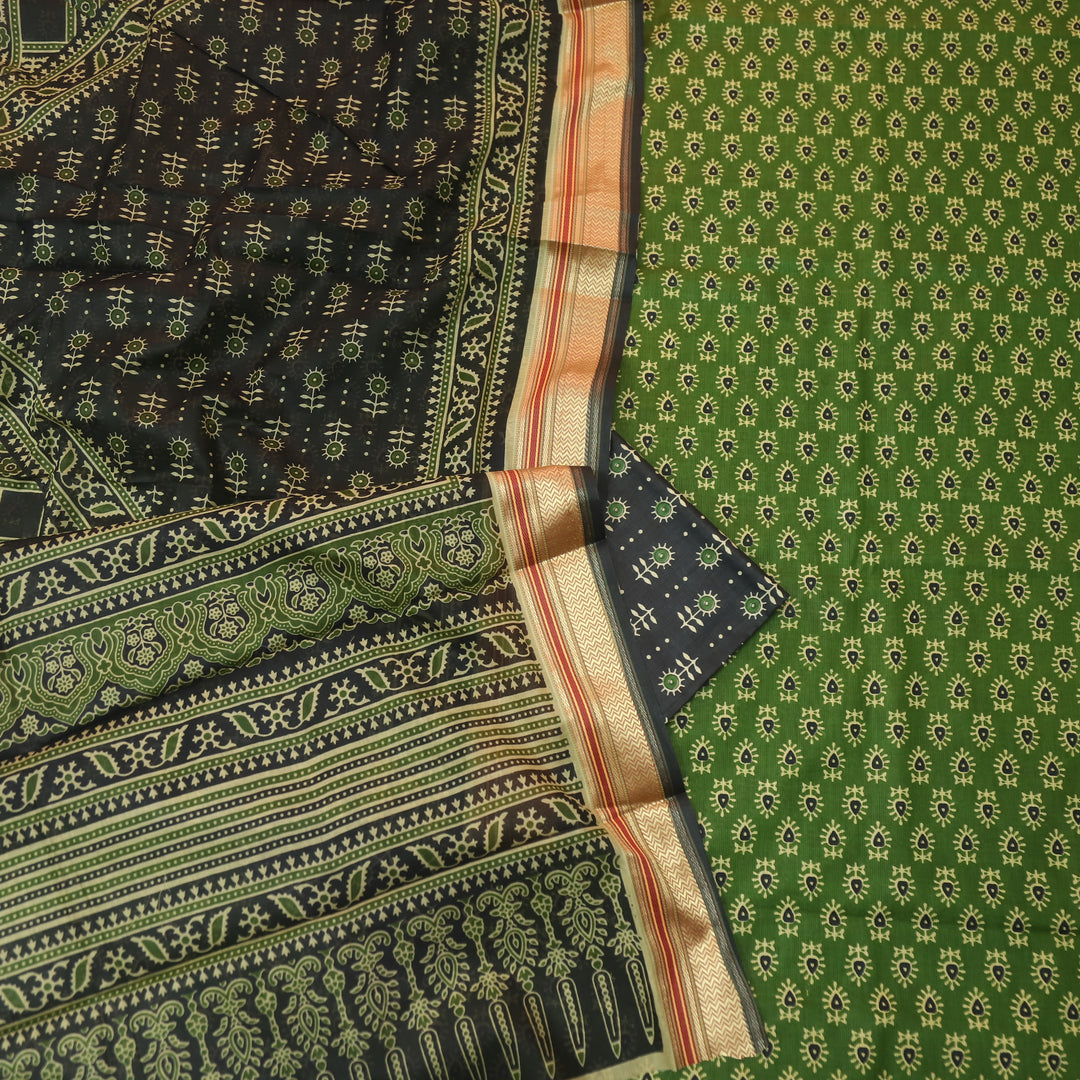 Nandani Grass Green Buti Printed in Mangalgiri Hem Work Cotton Suit Set