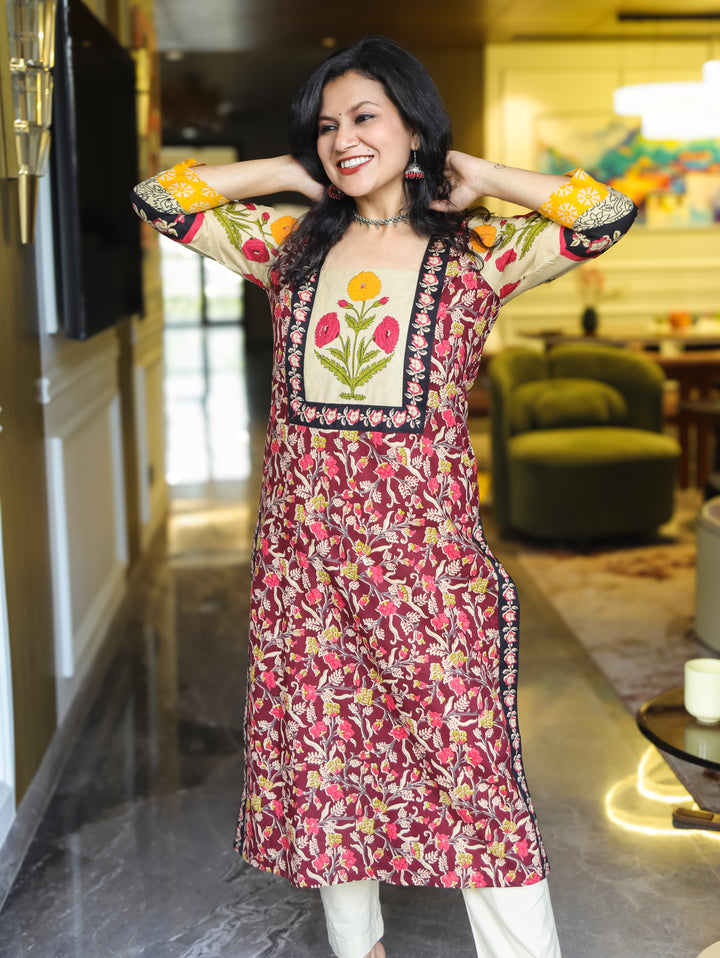 Eira Pink Floral Kalamkari Cotton Kurti