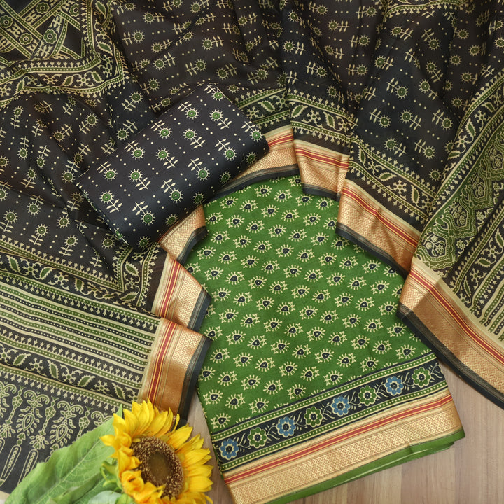 Nandani Grass Green Buti Printed in Mangalgiri Hem Work Cotton Suit Set