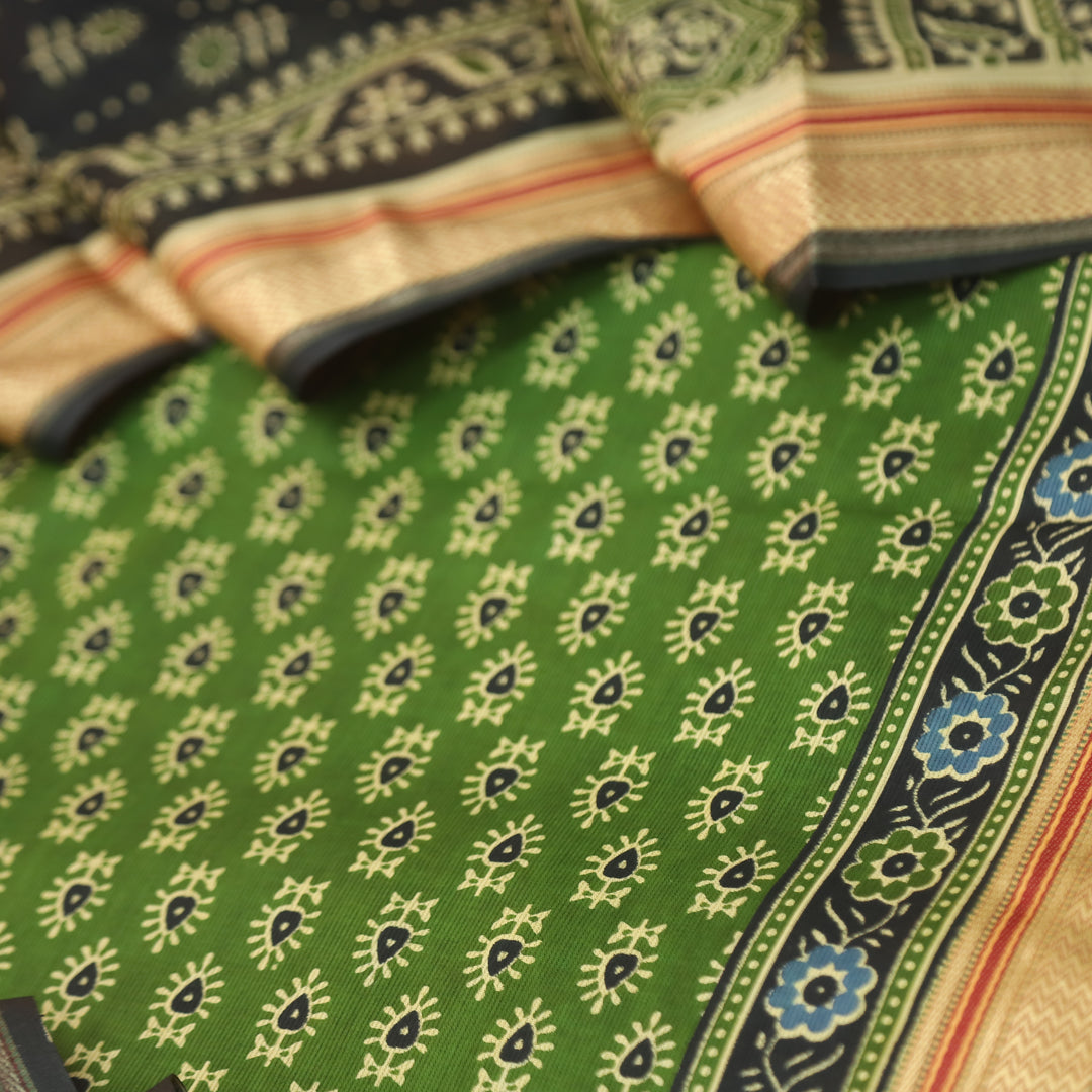 Nandani Grass Green Buti Printed in Mangalgiri Hem Work Cotton Suit Set