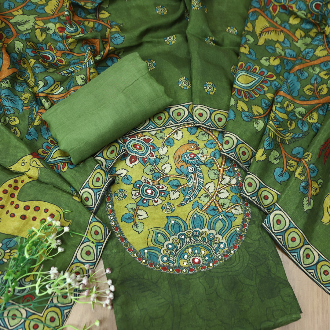 Menesa Forest Green Kalamkari Printed Yoke in Self Printed Muslin Suit Set