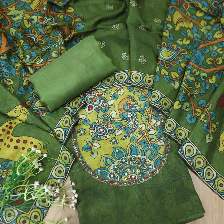Menesa Forest Green Kalamkari Printed Yoke in Self Printed Muslin Suit Set