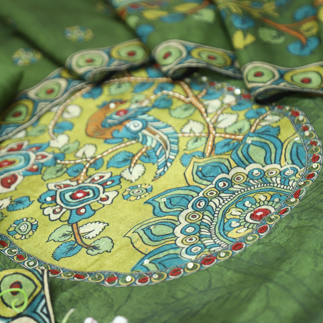 Menesa Forest Green Kalamkari Printed Yoke in Self Printed Muslin Suit Set