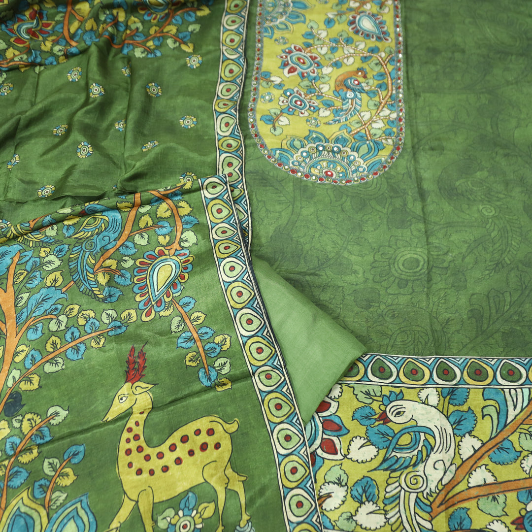 Menesa Forest Green Kalamkari Printed Yoke in Self Printed Muslin Suit Set
