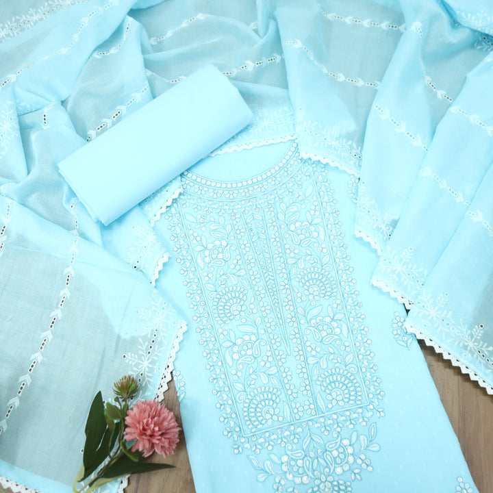 Ishqiya Sky Blue Chikankari Inspired Neck Thread Work Dobby Cotton Suit Set