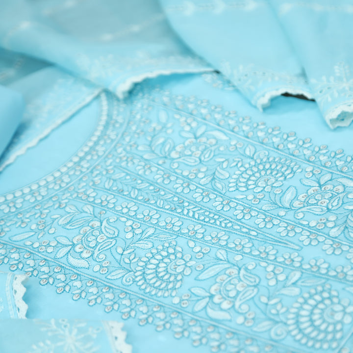 Ishqiya Sky Blue Chikankari Inspired Neck Thread Work Dobby Cotton Suit Set