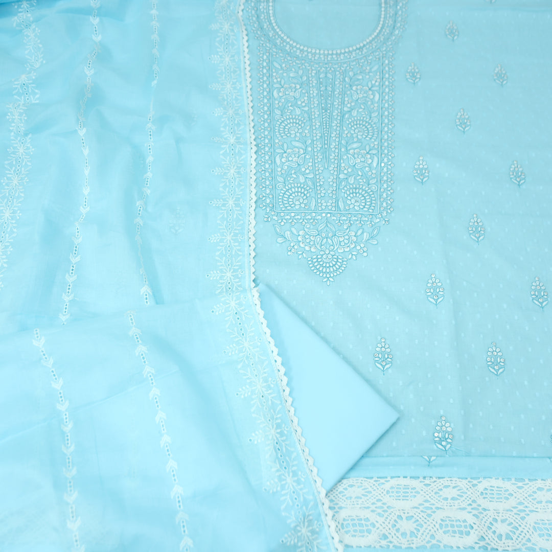 Ishqiya Sky Blue Chikankari Inspired Neck Thread Work Dobby Cotton Suit Set