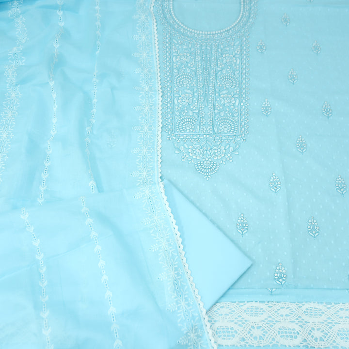 Ishqiya Sky Blue Chikankari Inspired Neck Thread Work Dobby Cotton Suit Set