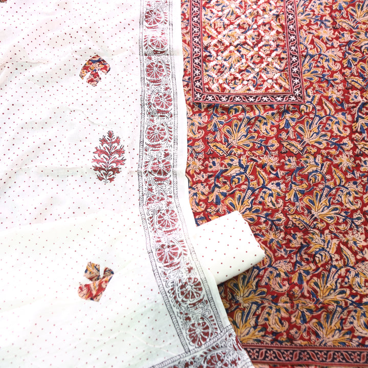 Nushrat Bride Red Kalamkari Printed Applique Cotton Set