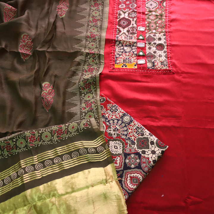 Aarvi Maroon Red Kutch Patch with Mirror Work Glazed Cotton Suit Set