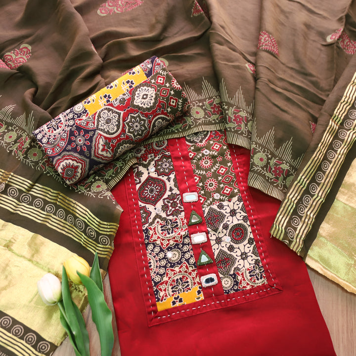 Aarvi Maroon Red Kutch Patch with Mirror Work Glazed Cotton Suit Set