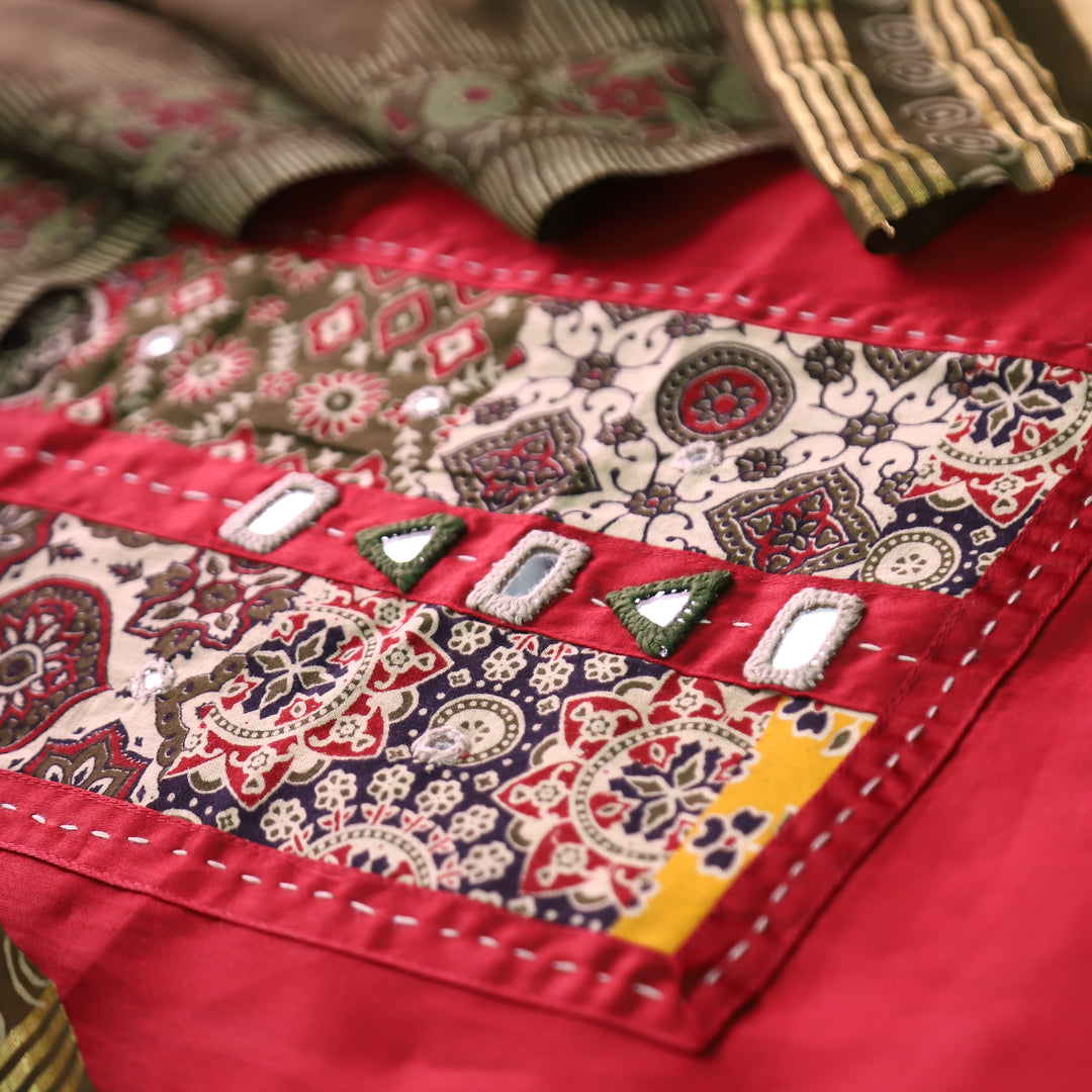 Aarvi Maroon Red Kutch Patch with Mirror Work Glazed Cotton Suit Set