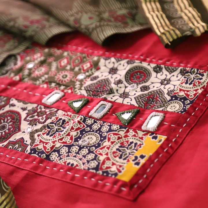 Aarvi Maroon Red Kutch Patch with Mirror Work Glazed Cotton Suit Set