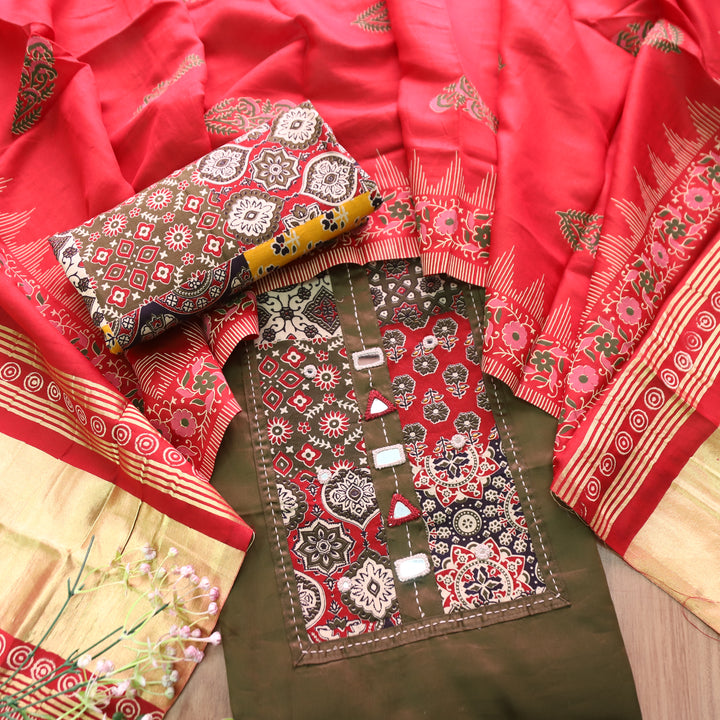 Aarvi Mehendi Green Kutch Patch with Mirror Work Glazed Cotton Suit Set