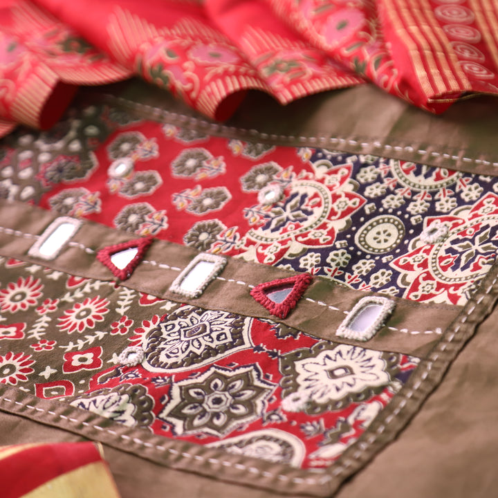 Aarvi Mehendi Green Kutch Patch with Mirror Work Glazed Cotton Suit Set