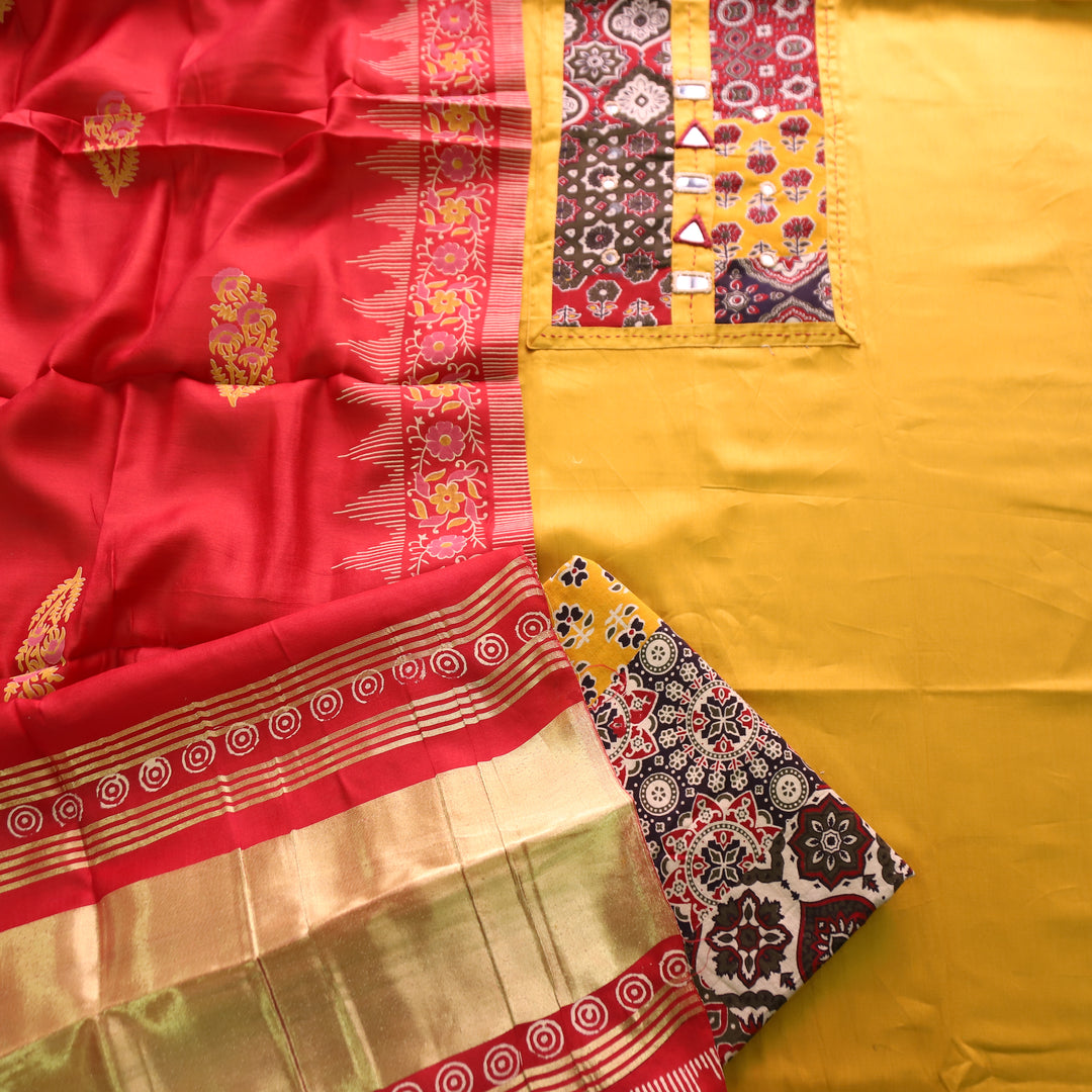 Aarvi Sunflower Yellow Kutch Patch with Mirror Work Glazed Cotton Suit Set