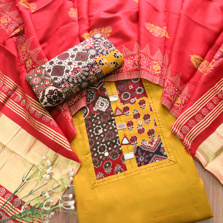 Aarvi Sunflower Yellow Kutch Patch with Mirror Work Glazed Cotton Suit Set