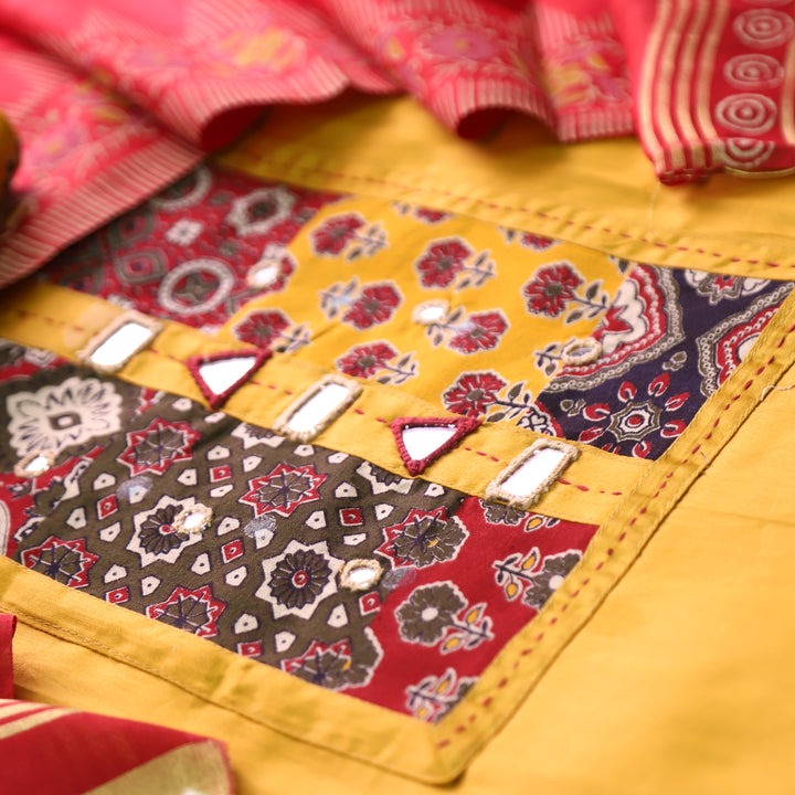 Aarvi Sunflower Yellow Kutch Patch with Mirror Work Glazed Cotton Suit Set