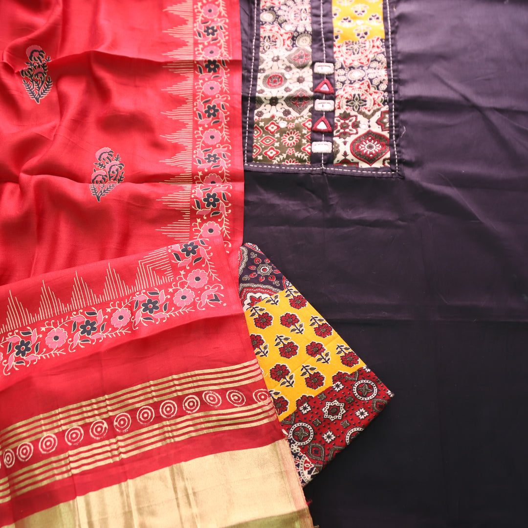 Aarvi Ebony Black Kutch Patch with Mirror Work Glazed Cotton Suit Set