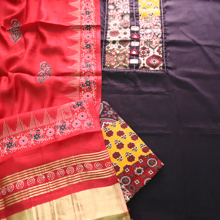 Aarvi Ebony Black Kutch Patch with Mirror Work Glazed Cotton Suit Set