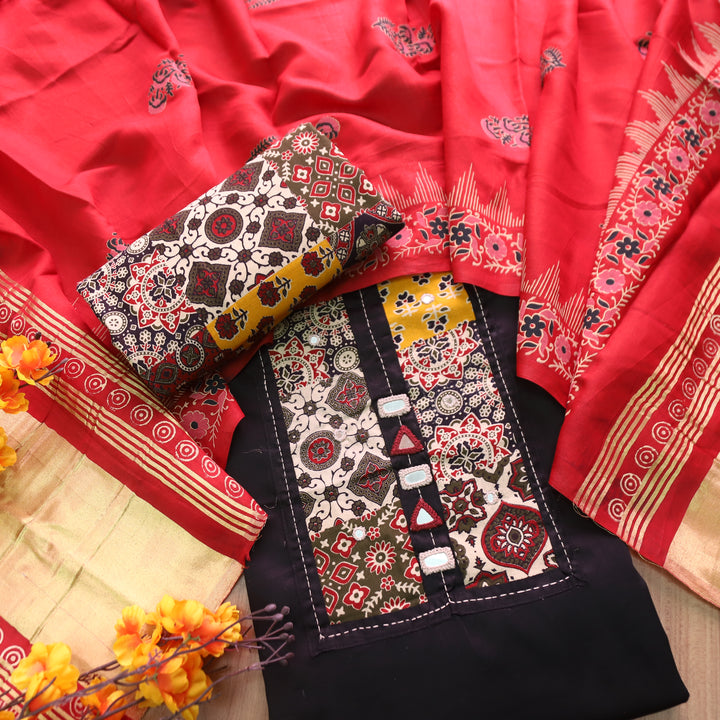 Aarvi Ebony Black Kutch Patch with Mirror Work Glazed Cotton Suit Set