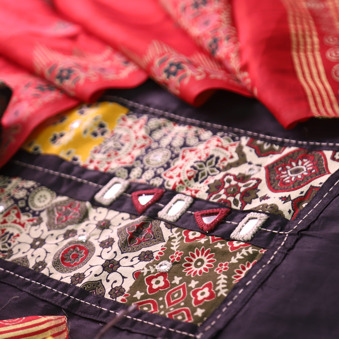 Aarvi Ebony Black Kutch Patch with Mirror Work Glazed Cotton Suit Set