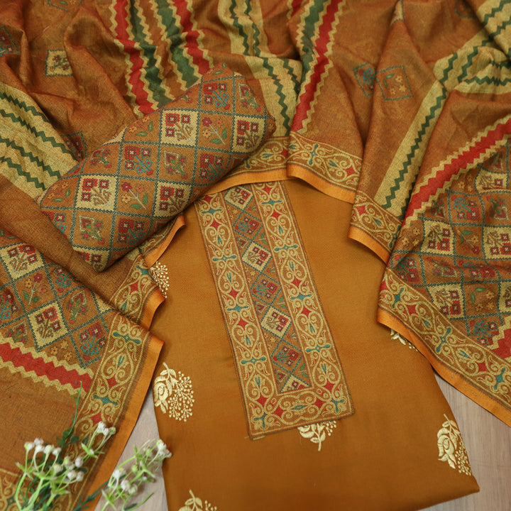 कशिश Dijon Yellow Print Patch in Floral Embroidery Work Semi Pashmina Winter Set