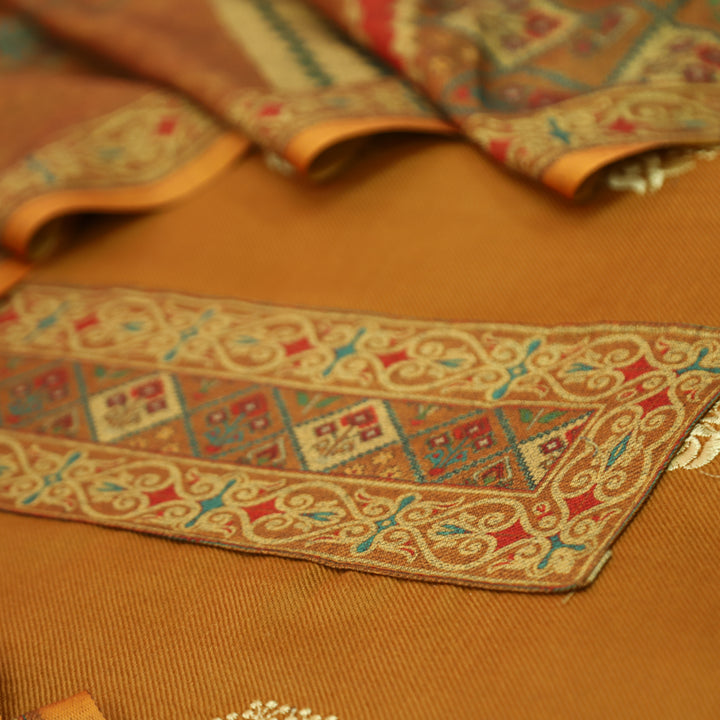 कशिश Dijon Yellow Print Patch in Floral Embroidery Work Semi Pashmina Winter Set