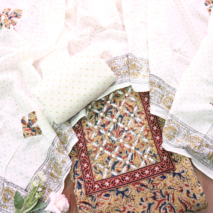 Nushrat Olive Green Kalamkari Printed Applique Cotton Set