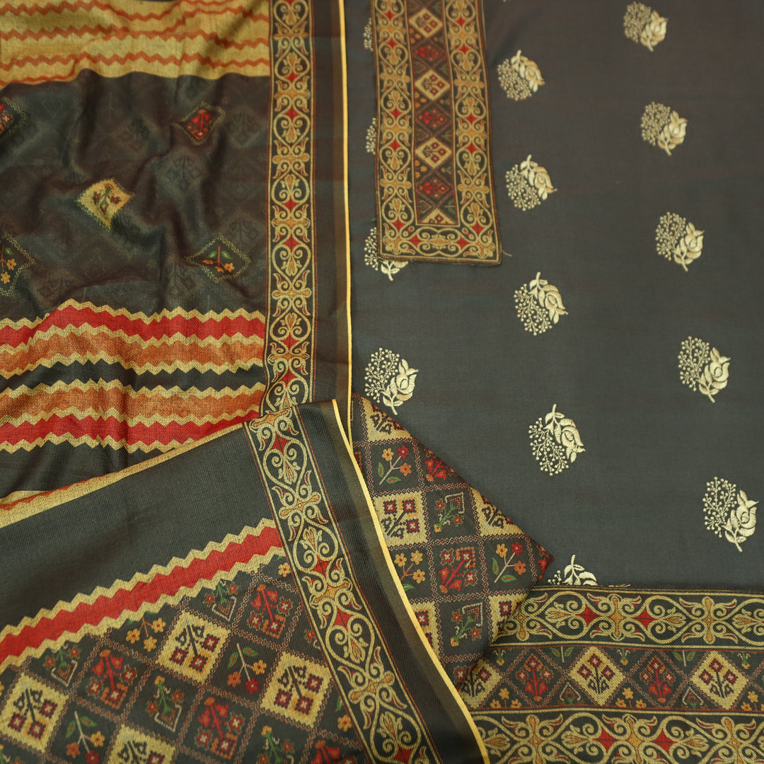 कशिश Charcoal Tan Print Patch in Floral Embroidery Work Semi Pashmina Winter Set