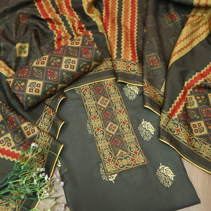 कशिश Charcoal Tan Print Patch in Floral Embroidery Work Semi Pashmina Winter Set