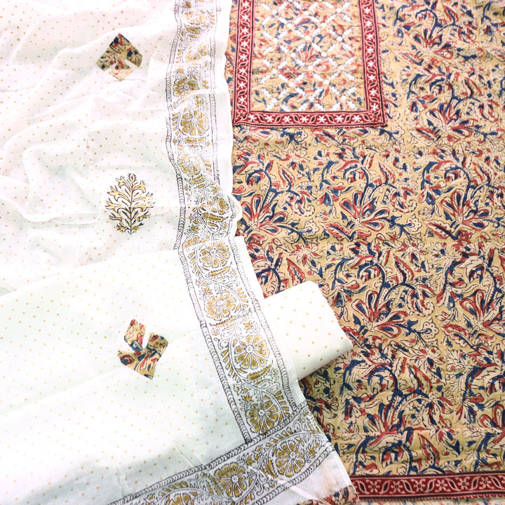 Nushrat Olive Green Kalamkari Printed Applique Cotton Set