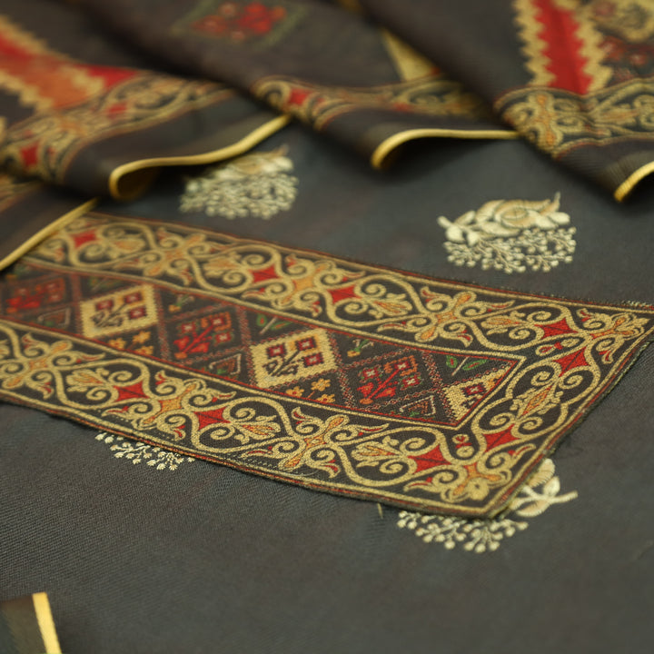 कशिश Charcoal Tan Print Patch in Floral Embroidery Work Semi Pashmina Winter Set