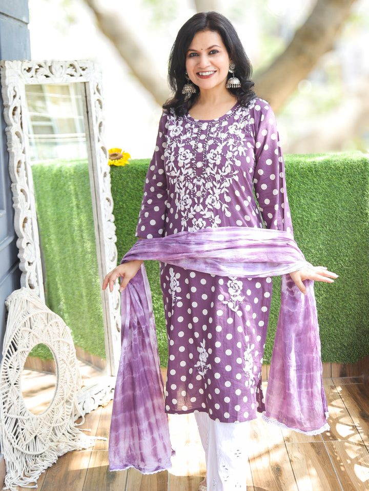 Kira Eggplant Purple Chikankari Cotton 3 Piece Set