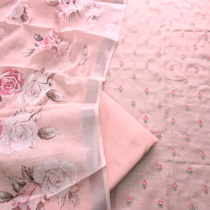 Chandni Soft Mauve Pink Thread Floral Buti Work Cotton Linen Suit Set
