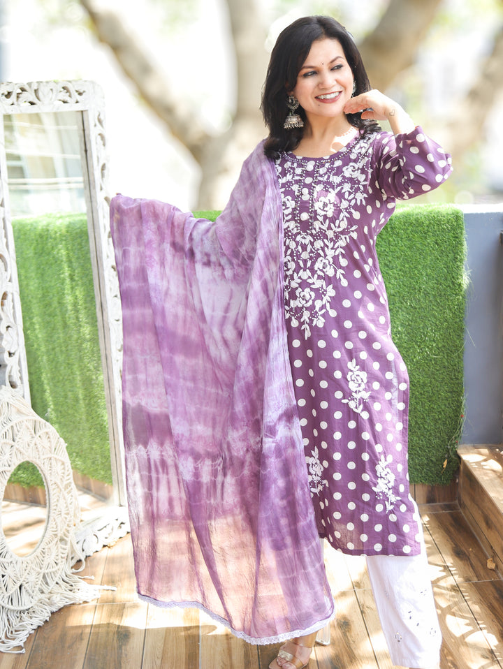 Kira Eggplant Purple Chikankari Cotton 3 Piece Set