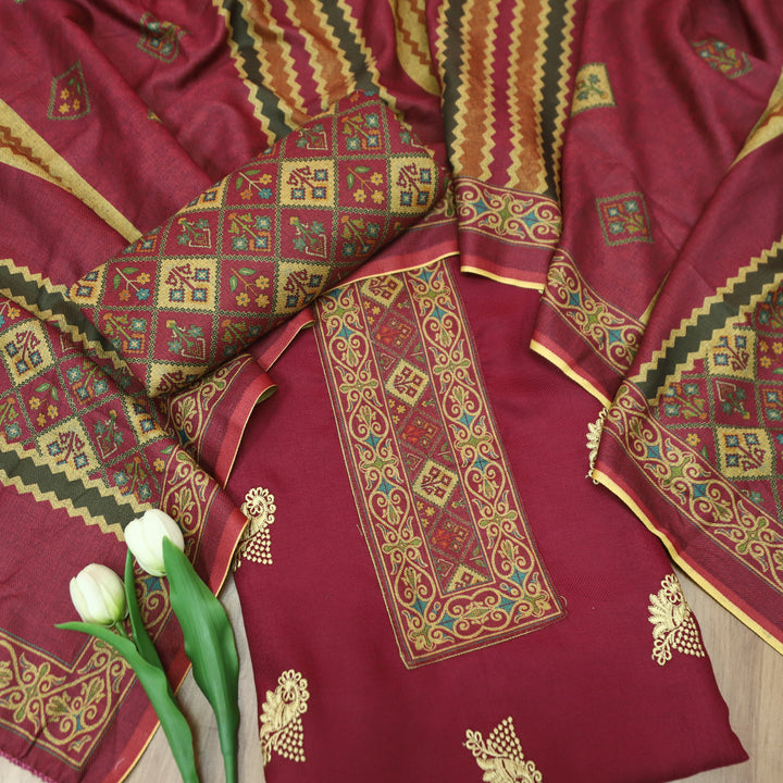 कशिश Magenta Pink Print Patch in Floral Embroidery Work Semi Pashmina Winter Set