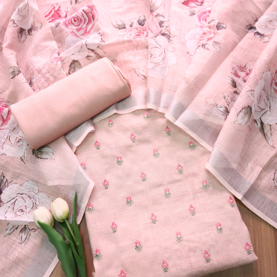 Chandni Soft Mauve Pink Thread Floral Buti Work Cotton Linen Suit Set