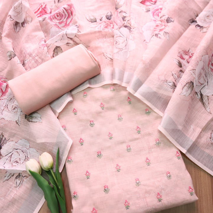 Chandni Soft Mauve Pink Thread Floral Buti Work Cotton Linen Suit Set