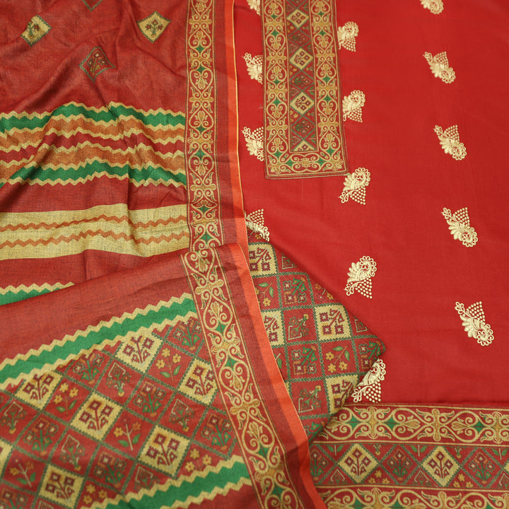 कशिश Tomato Red Print Patch in Floral Embroidery Work Semi Pashmina Winter Set