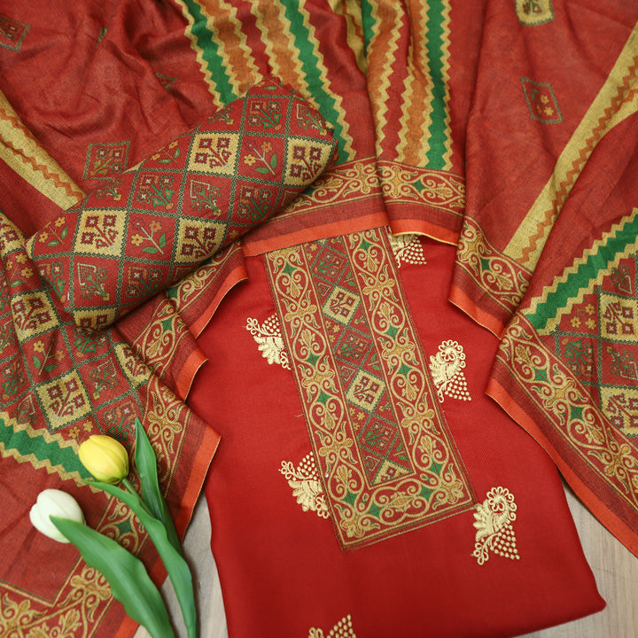 कशिश Tomato Red Print Patch in Floral Embroidery Work Semi Pashmina Winter Set