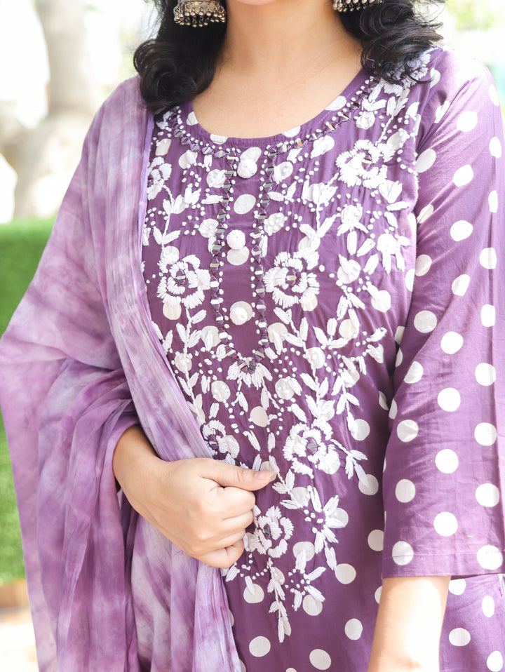 Kira Eggplant Purple Chikankari Cotton 3 Piece Set