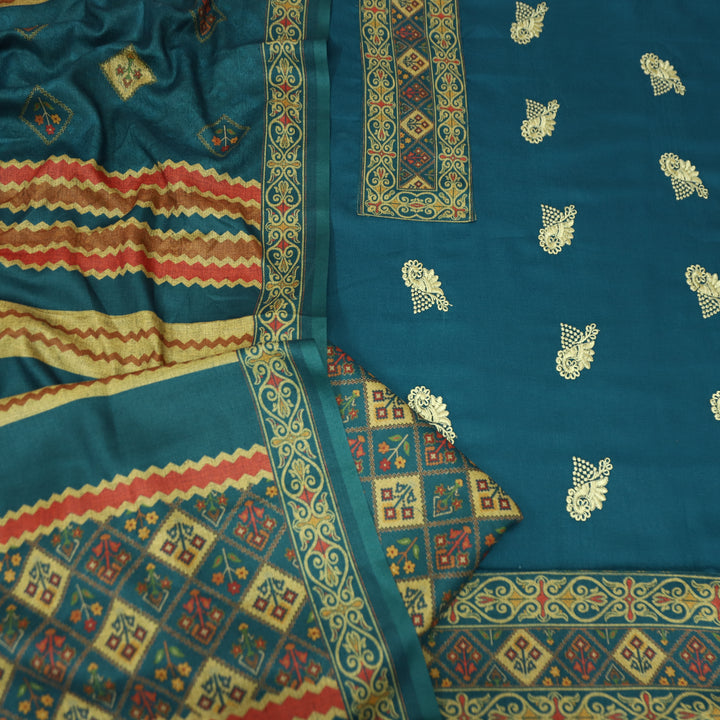 कशिश Prussian Blue Print Patch in Floral Embroidery Work Semi Pashmina Winter Set