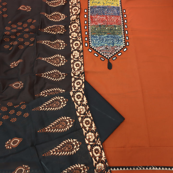 Saheli Rust Orange Mirror With Printed Yoke Cotton Set